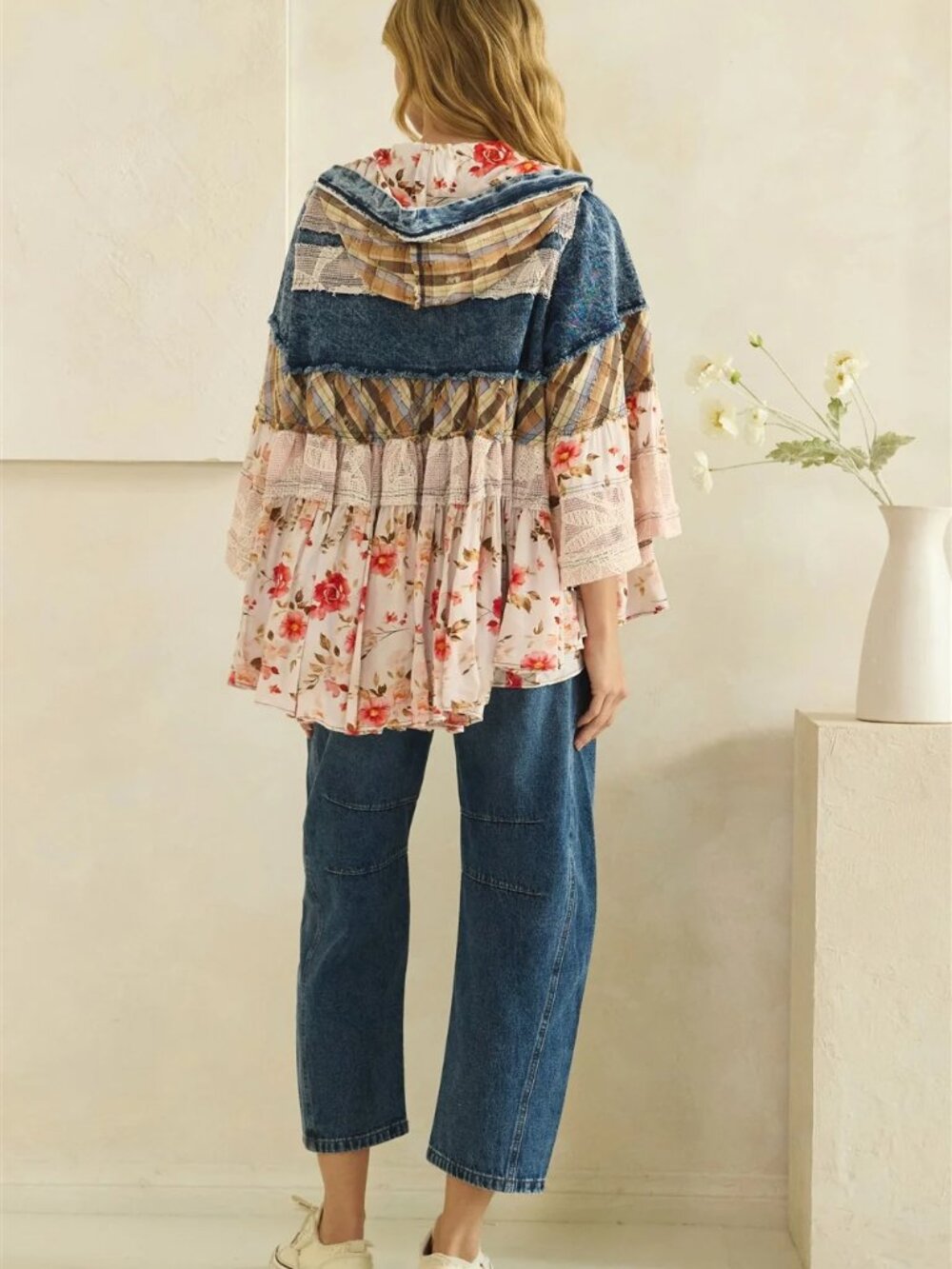 RUFFLE HOODED LACE DENIM FLANNEL AND PRINT MIX JACKET - Picture 2 of 4